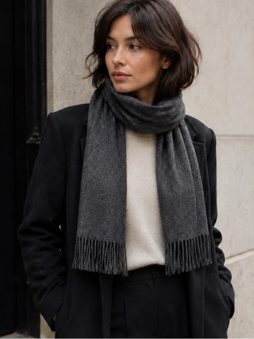 Amicale 100% Merino Wool Charcoal Gray Fringe Scarf Quiet Luxury Unisex Natural